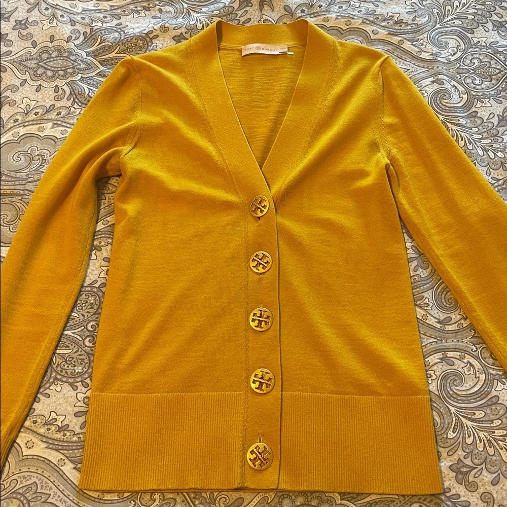Tory Burch Golden Cardigan with Logo Buttons